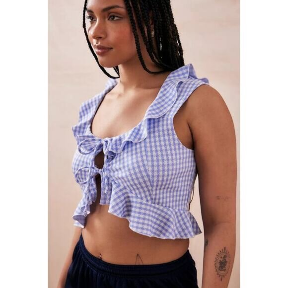 NWT URBAN OUTFITTERS Ilene Gingham Tie-Front Top Sz Medium Blue - Picture 4 of 9